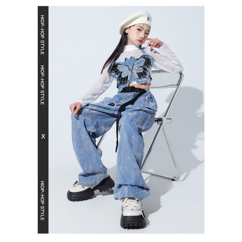 Street Fashion Denim - 재즈 힙합 댄스 세트 메쉬 긴팔
