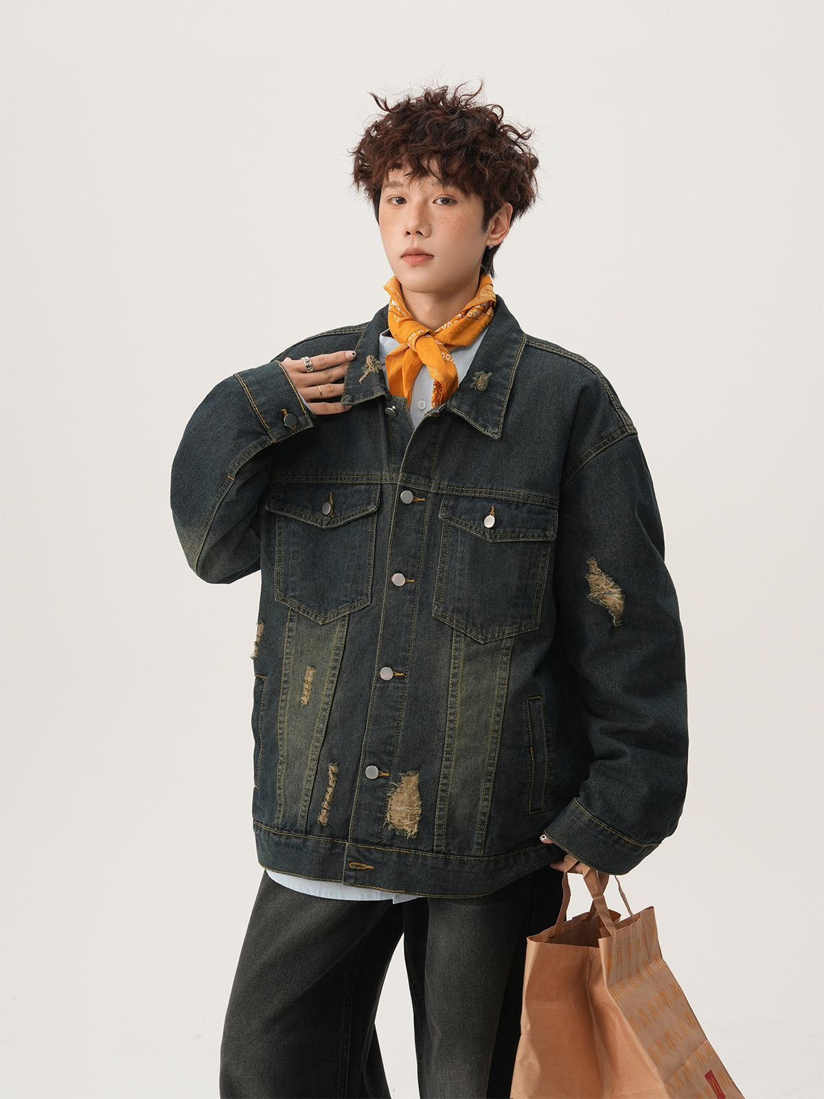 아메리칸 하이 스트리트 립드 데님 재킷 가을 캐주얼 패 - Street Fashion Jacket Men 리뷰 및 가격