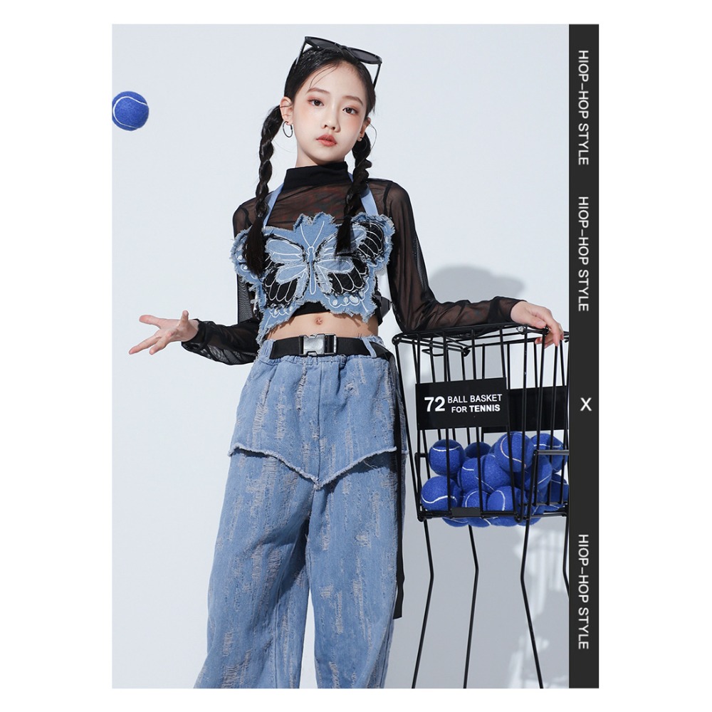 재즈 힙합 댄스 세트 메쉬 긴팔 나비 조끼 데님 팬츠  - Street Fashion Denim 리뷰 및 가격
