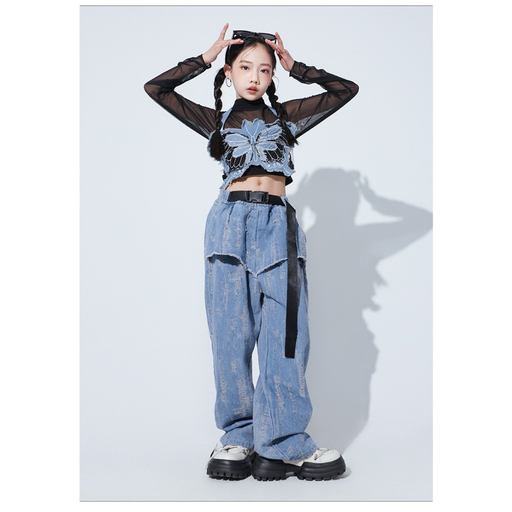 재즈 힙합 댄스 세트 메쉬 긴팔 나비 조끼 데님 팬츠  - Street Fashion Denim 리뷰 및 가격
