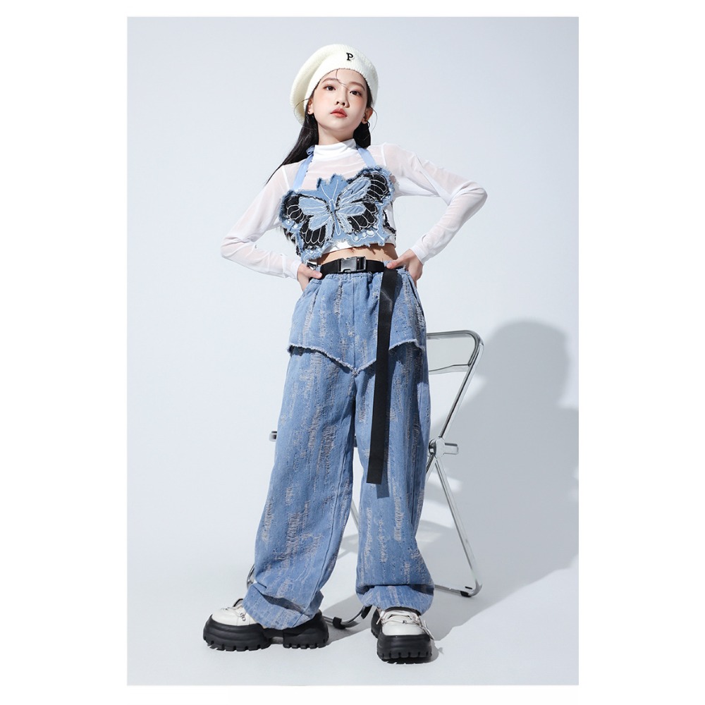 재즈 힙합 댄스 세트 메쉬 긴팔 나비 조끼 데님 팬츠  - Street Fashion Denim 리뷰 및 가격